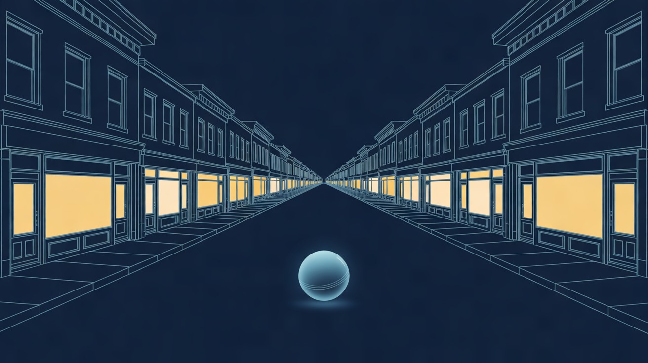 A glowing blue sphere in the middle of a long street of identical storefronts at night.