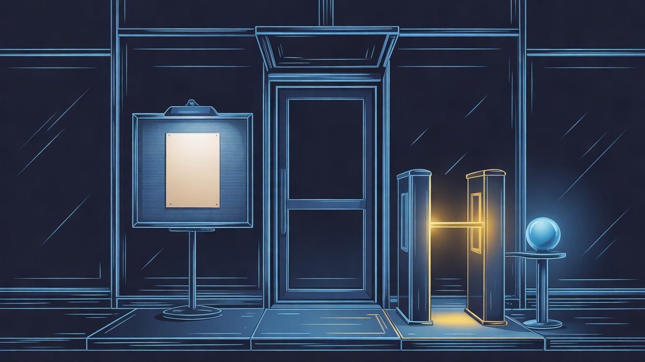 A storefront door with a blank notice board beside it and a locked yellow barrier in front.