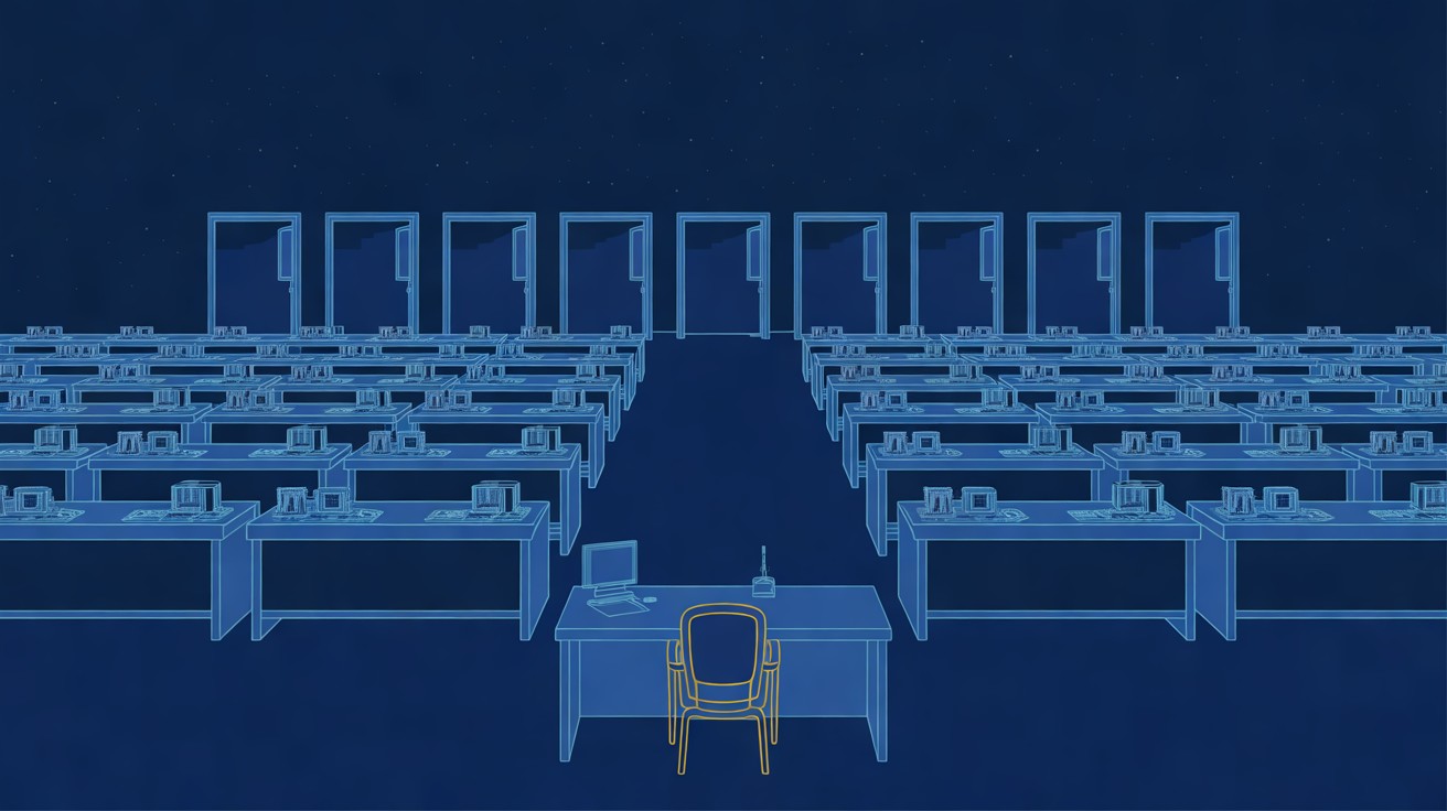 A hall of workbenches with open doors and an empty yellow chair at the front desk.