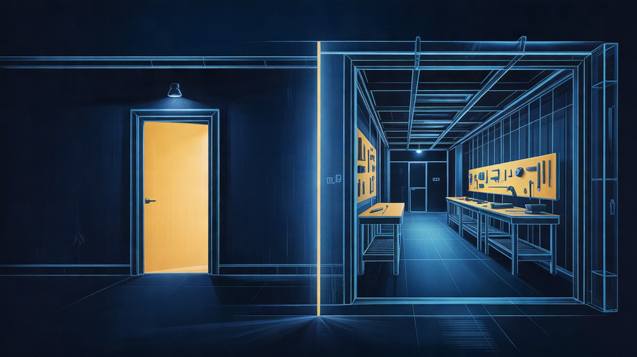 Split picture: a shut yellow door on the left, an open doorway into a workshop on the right.