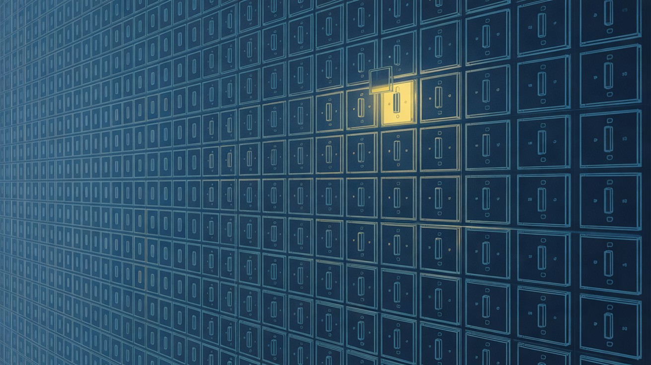A wall of identical switches all set the same way, with a single yellow switch flipped.