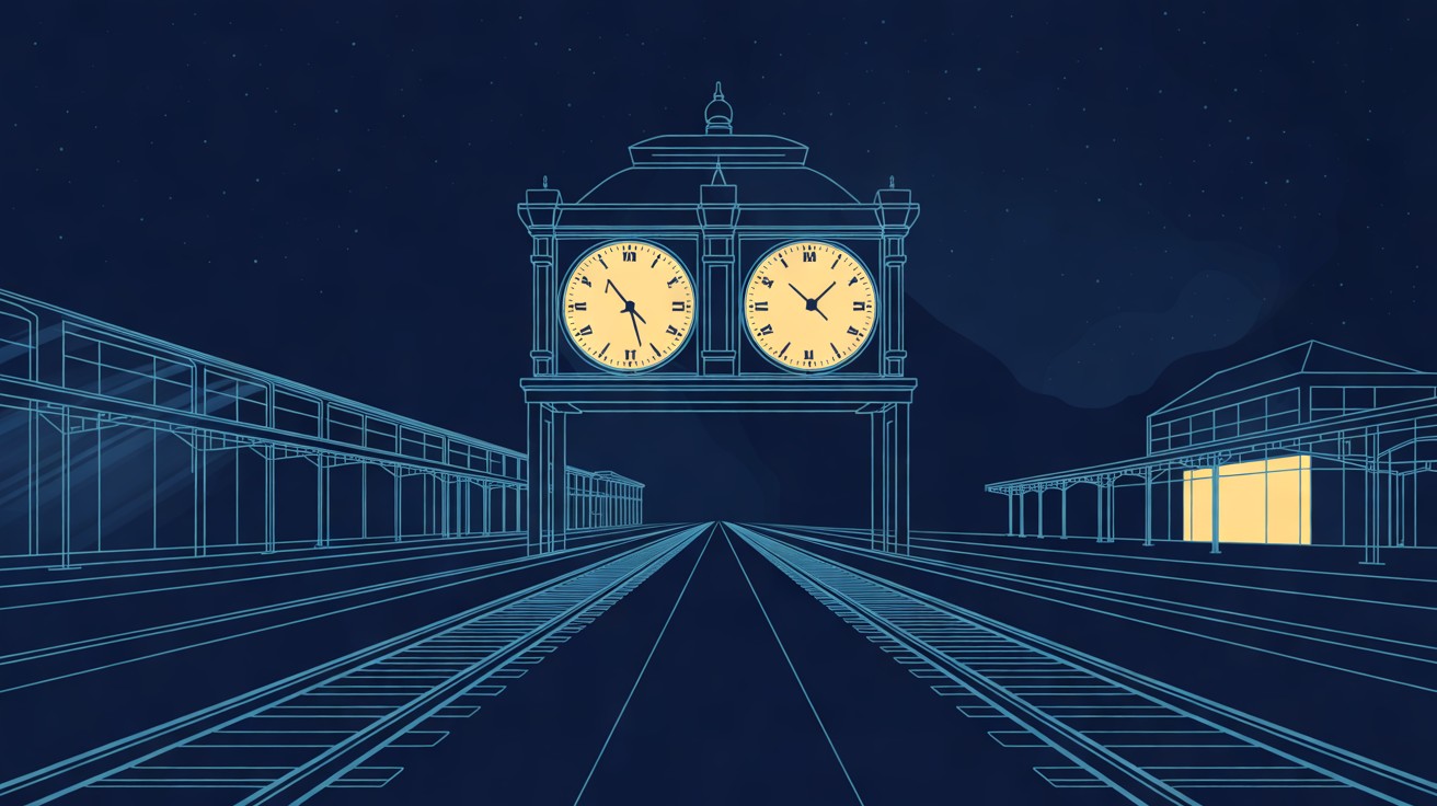A railway station clock tower with two clock faces showing different times above converging tracks.