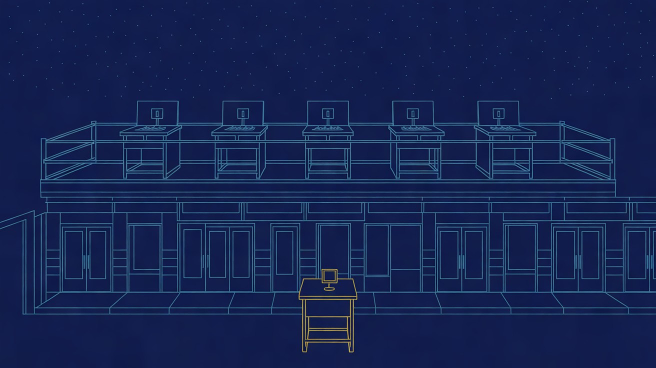 Five control desks on a gallery above a street, and a sixth small yellow desk at street level.