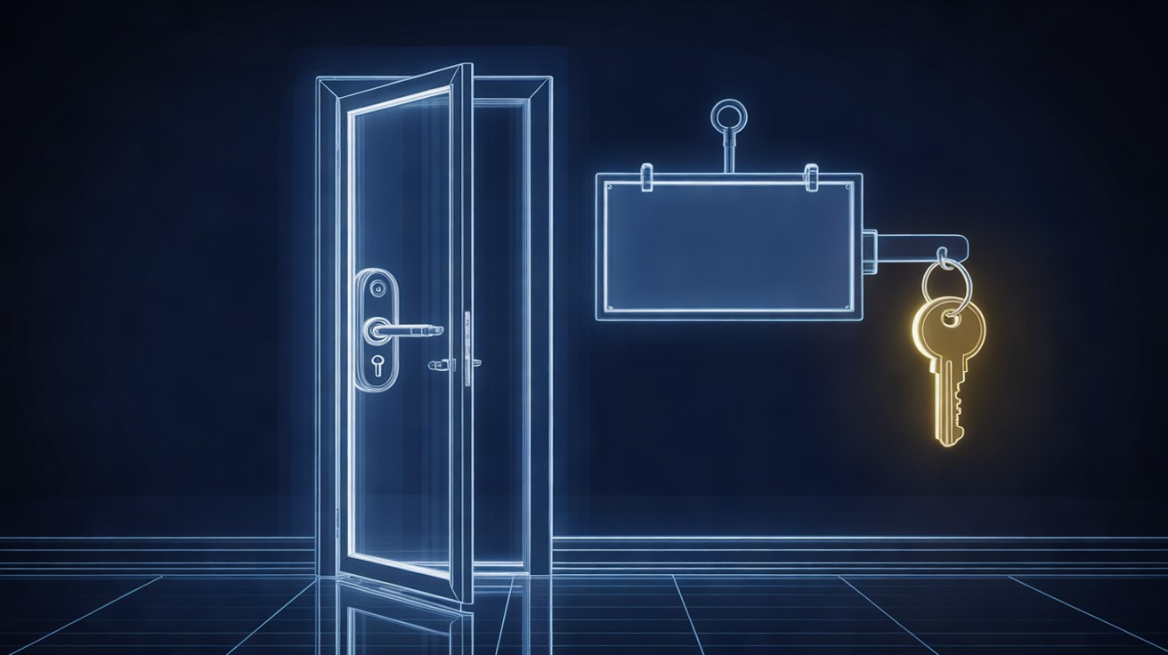 A glass door with its lock visible, a blank placard beside it and a yellow key on a hook.