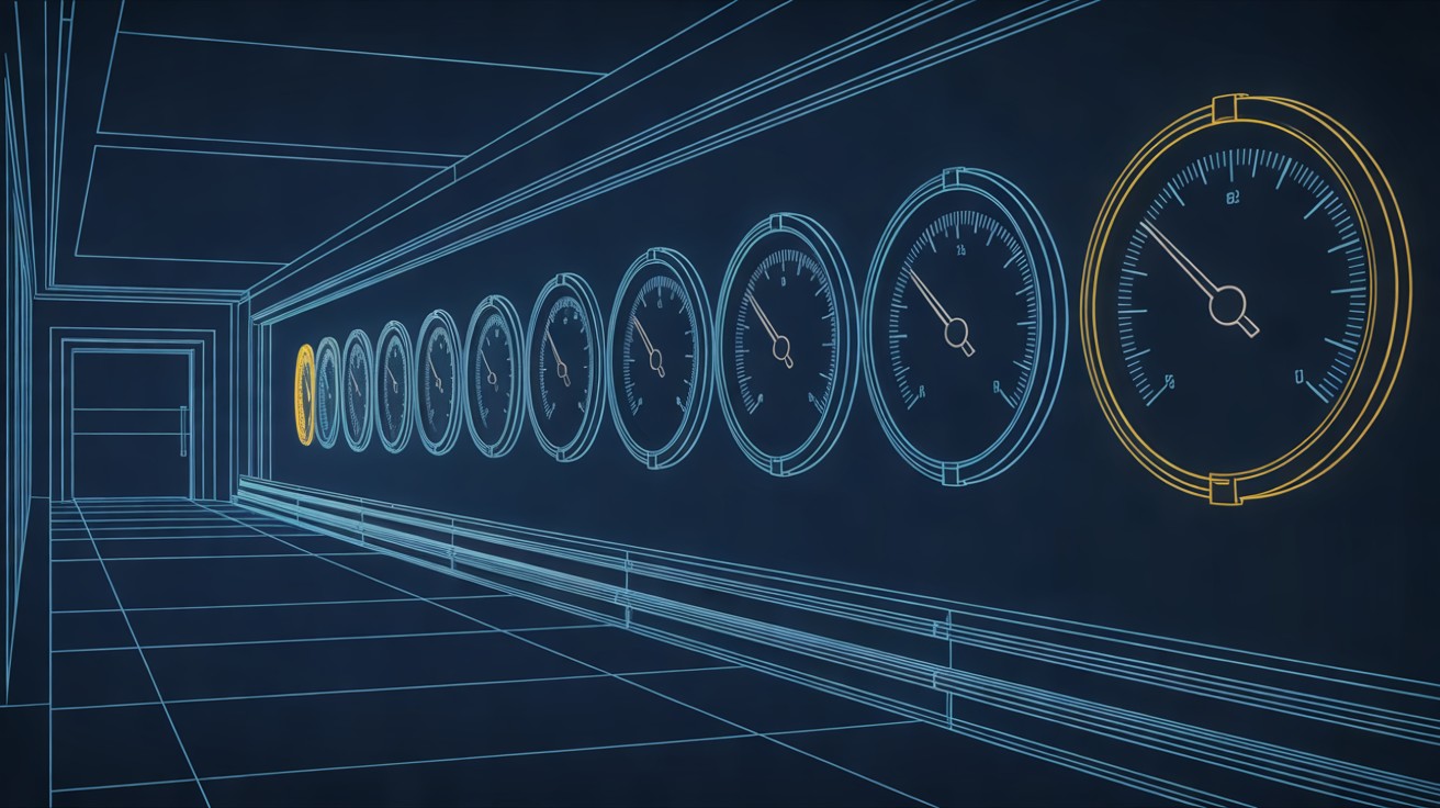 A row of eight round gauges on a wall, the nearest one outlined in yellow.